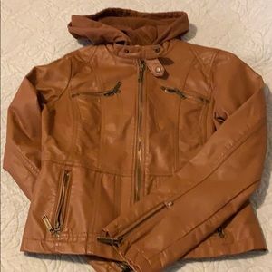 NWOT Faux Leather Moto Hooded Jacket